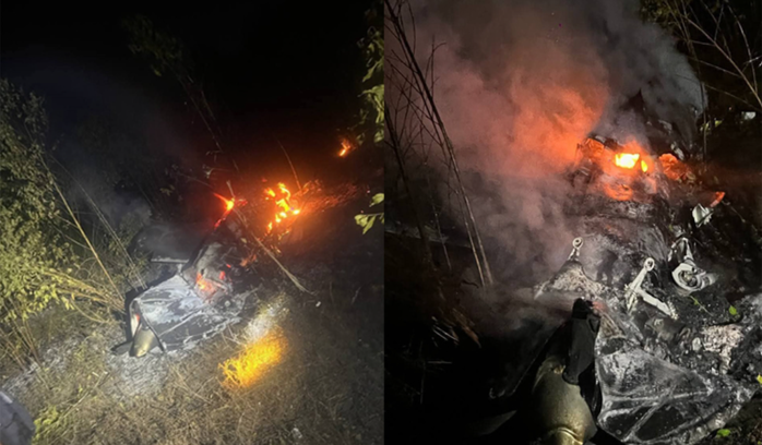 Ảnh được cho là UAV trinh sát Thái Lan bốc cháy sau khi rơi xuống TP Poipet - Campuchia. Ảnh: Khmer Times