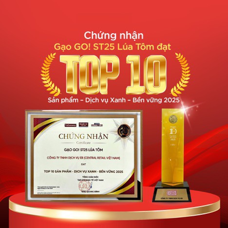 Chứng nhận Gạo GO! ST25 Lúa Tôm đạt Top 10 Sản phẩm - Dịch vụ xanh - Bền Vững 2025. Ảnh: Vn Economy