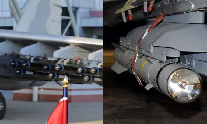 Các cụmba tên lửa trên cường kích Su-25K Triều Tiên (trái) và tên lửa chống tăng Brimstone của Anh. Ảnh: KCNA, RAF