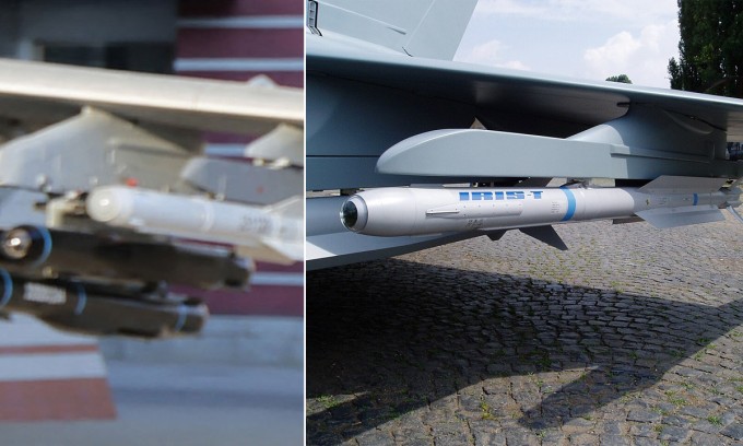 Tên lửa đối không (màu trắng, bên trái) trên cường kích Su-25K Triều Tiên và IRIS-T. Ảnh: KCNA, Wikimedia