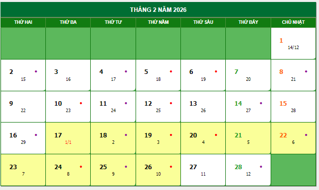 Tháng Giêng năm Bính Ngọ bắt đầu từ 17/2/2026.