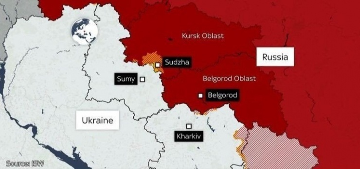 Tỉnh Sumy của Ukraine giáp tỉnh Kursk của Nga. (Bản đồ: Sky News)
