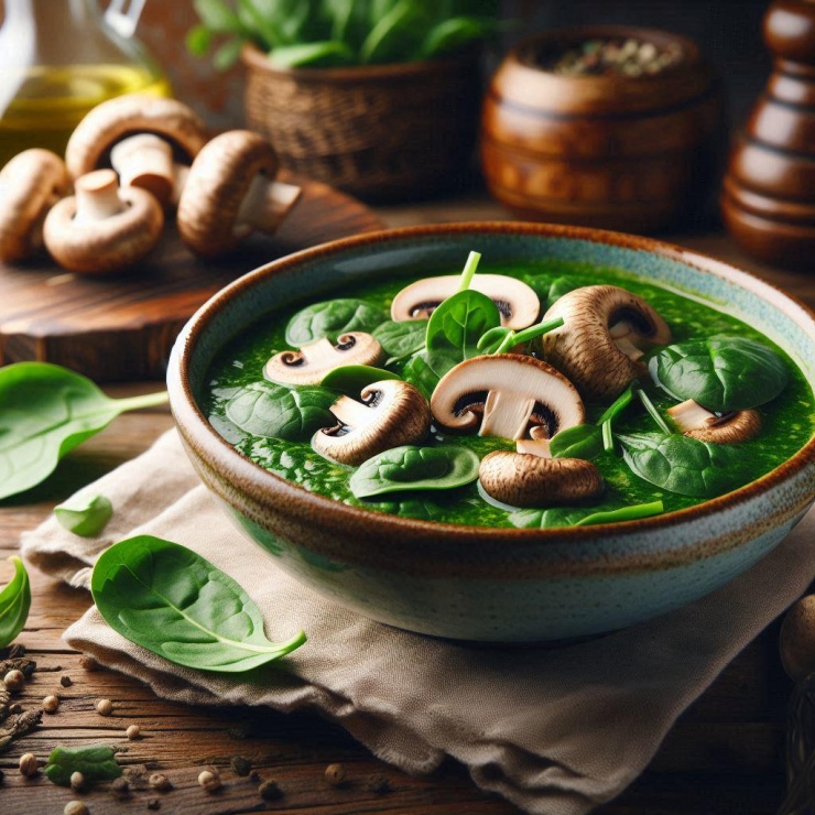 Canh rau chân vịt, nấm hương giàu dinh dưỡng, giúp mạch máu giãn nở.