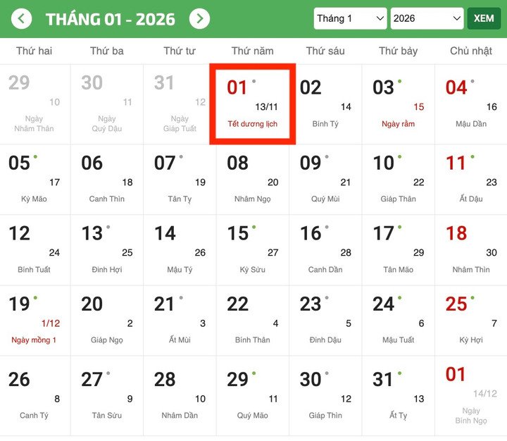 Lịch nghỉ Tết Dương lịch 2026 của người lao động.