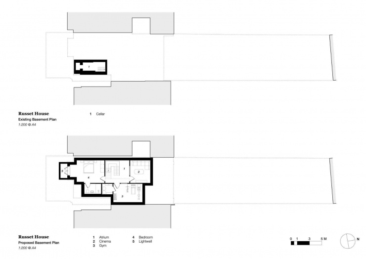 Mặt bằng tầng hầm hiện trạng và đề xuất, làm rõ bố cục các phòng mới và giếng trời lấy sáng xuống tầng hầm. Nguồn: Archello