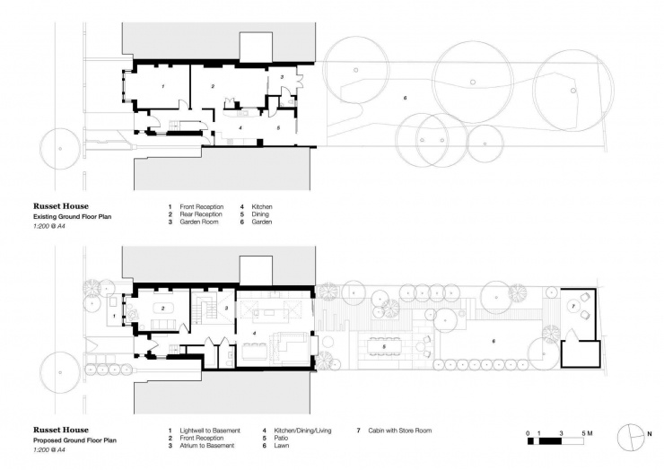 Mặt bằng tầng trệt hiện trạng và đề xuất, cho thấy khu bếp - ăn - sinh hoạt mở rộng kết nối sân sau và bố trí cabin cuối vườn. Nguồn: Archello