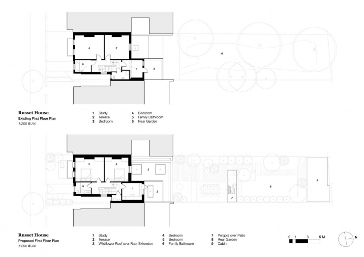 Mặt bằng tầng 1 hiện trạng và đề xuất, thể hiện cách sắp xếp phòng ngủ/phòng làm việc và bổ sung mái xanh/pergola cho khoảng sân sau. Nguồn: Archello