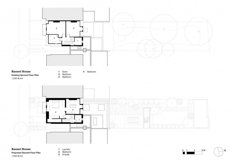 Mặt bằng tầng 2 hiện trạng và đề xuất, thể hiện bố cục các phòng ngủ và thêm khu giặt cùng phòng tắm khép kín.. Nguồn: Archello