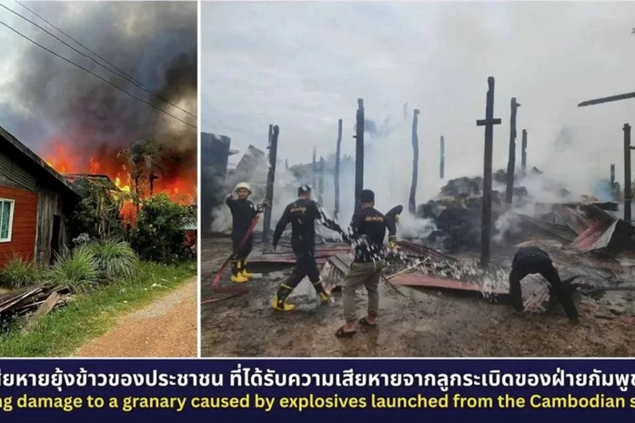 Hình ảnh một kho thóc ở huyện Khok Sung, tỉnh Sa Kaeo – Thái Lan bốc cháy do trúng hoả lực từ Campuchia ngày 22-12. Ảnh chụp màn hình: Bộ Quốc phòng Thái Lan.