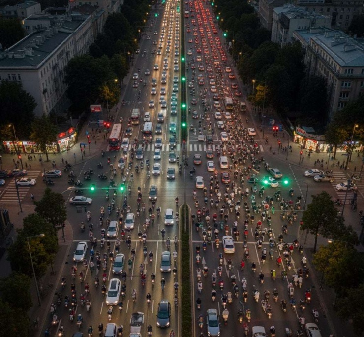 Minh họa điều tiết giao thông "Làn sóng xanh" giữa trục chính và đường nhánh của AI&nbsp;