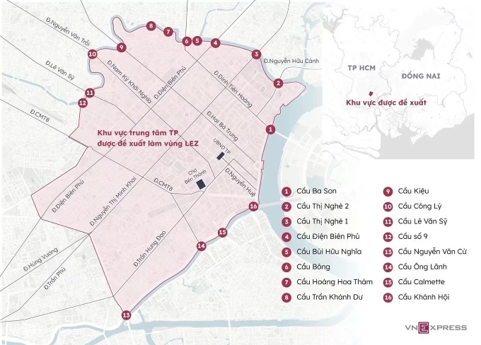 Khu vực trung t&acirc;m th&agrave;nh phố được đề xuất l&agrave;m v&ugrave;ng LEZ. Đồ họa: Ho&agrave;ng Kh&aacute;nh