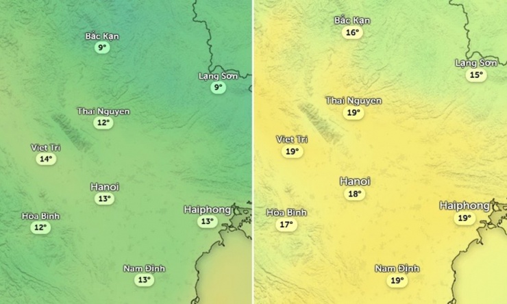 Dự báo nhiệt độ cảm nhận ở một số khu vực tại miền Bắc vào sáng sớm (bên trái) và chiều (bên phải) ngày mai, 26/12. Ảnh: Zoom Earth, OpenStreetMap, ICON.