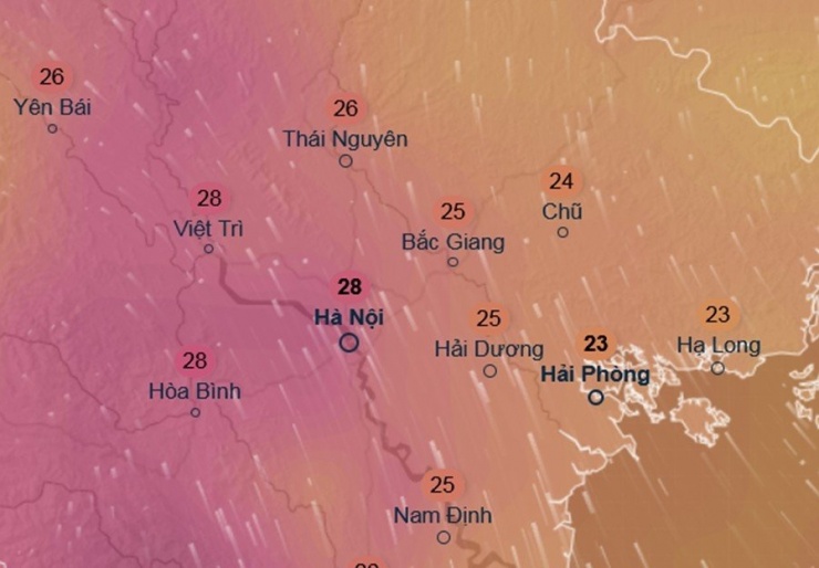 Dự báo nhiệt độ cảm nhận ở một số khu vực tại miền Bắc vào chiều ngày Tết Dương lịch (1/1/2026). Ảnh: Ventusky, GFS.