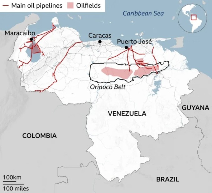 Vị trí các mỏ dầu và hệ thống ống dẫn dầu chính ở Venezuela. Đồ họa: BBC