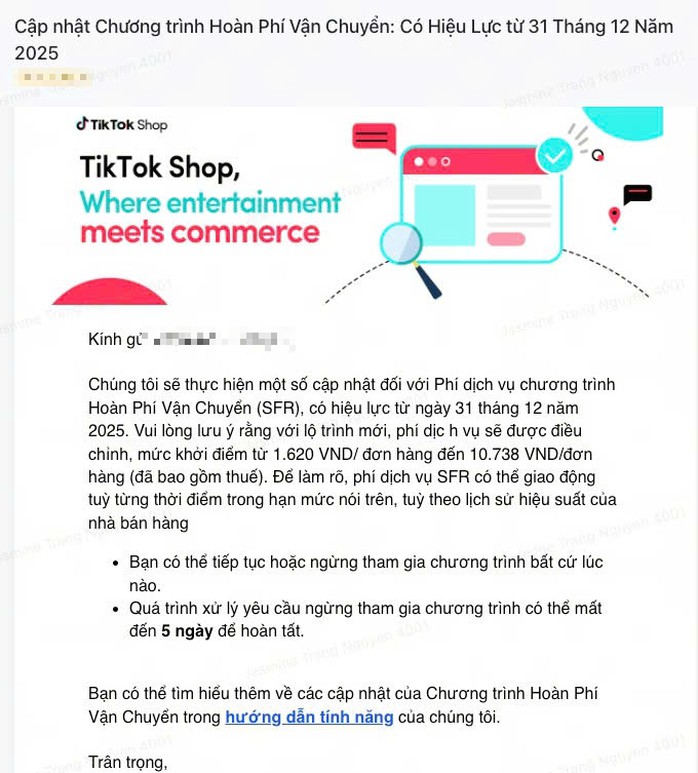 TikTok Shop thông báo cập nhật phí SFR