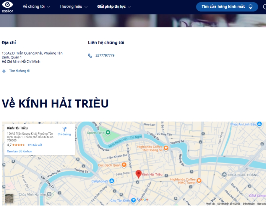 Kính Hải Triều được công nhận trên website của thương hiệu tròng Essilor hàng đầu