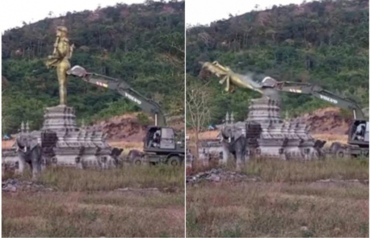 Clip ghi lại cảnh tháo dỡ tượng thần Vishnu bằng máy xúc đã được lan truyền rộng rãi trên các trang mạng xã hội Thái Lan trong tuần này. Ảnh: Mạng xã hội.