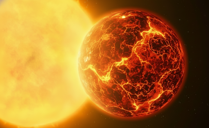 Siêu Trái Đất TOI-561 b là một quả cầu dung nham ướt có bầu khí quyển dày - Minh họa AI: Thu Anh