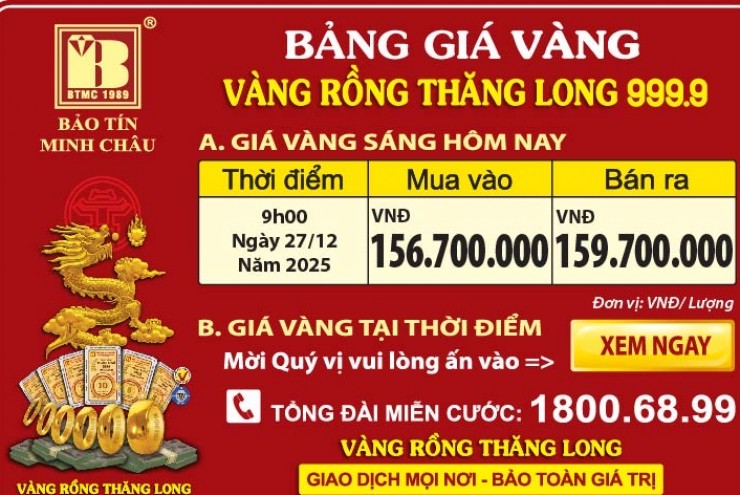 Giá Vàng Rồng Thăng Long- Bảo Tín Minh Châu ngày 27.12.2025