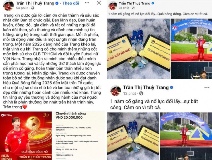 Trần Thị Thùy Trang xóa dòng trạng thái than phiền "bất công" khi nhận Quả bóng đồng Việt Nam 2025 (ảnh phải), thay bằng lời cảm ơn, thừa nhận "mình còn nhiều điều cần học hỏi" và cho biết đã chuyển tiền thưởng ủng hộ đồng bào gặp khó khăn (ảnh trái)