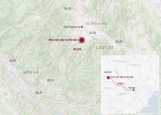 Địa điểm xảy ra vụ lật xe sáng 27/12 tại xã Phình Hồ, Lào Cai. Đồ họa: Hoàng Khánh.