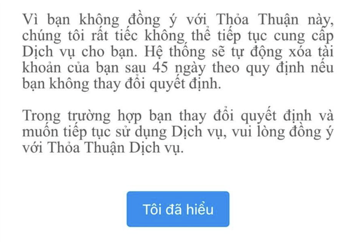 Nếu không đồng ý, tài khoản sẽ bị xóa sau 45 ngày