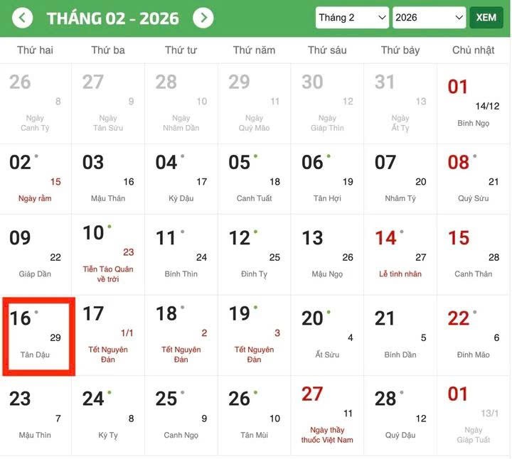 Tết Bính Ngọ 2026 không có ngày 30 Tết (Ảnh chụp màn hình)