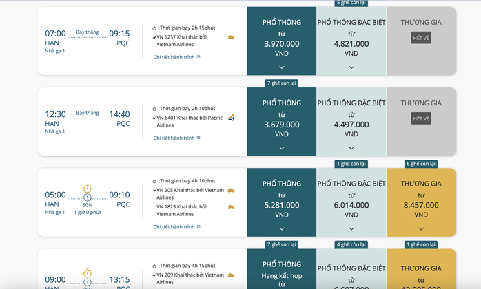 Giá vé chặng Hà Nội - Phú Quốc của Vietnam Airlines dịp Tết Dương lịch đang mở bán thấp nhất từ khoảng 3,97 triệu đồng/khách