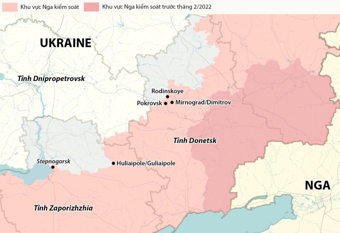 Vị trí thành phố Mirnograd/Dimitrov, Huliaipole và khu dân cư Stepnogorsk. Đồ họa: RYV