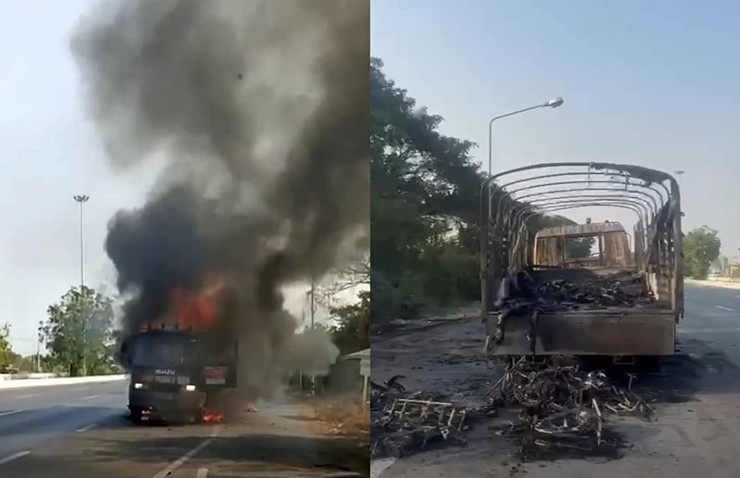 Toàn cảnh chiếc xe tải chở xe đạp và thiết bị tuyển Việt Nam bị cháy rụi