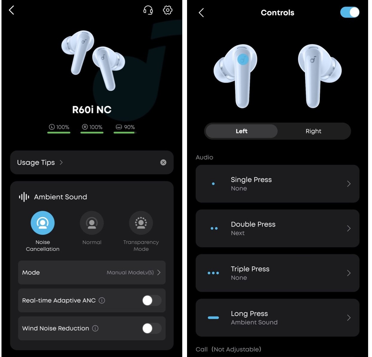 Tùy chỉnh chống ồn và các thao tác chạm.