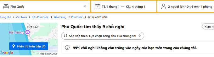 Kết quả khi tìm kiếm phòng trên ứng dụng đặt trực tuyến trưa 29/12. Ảnh chụp màn hình