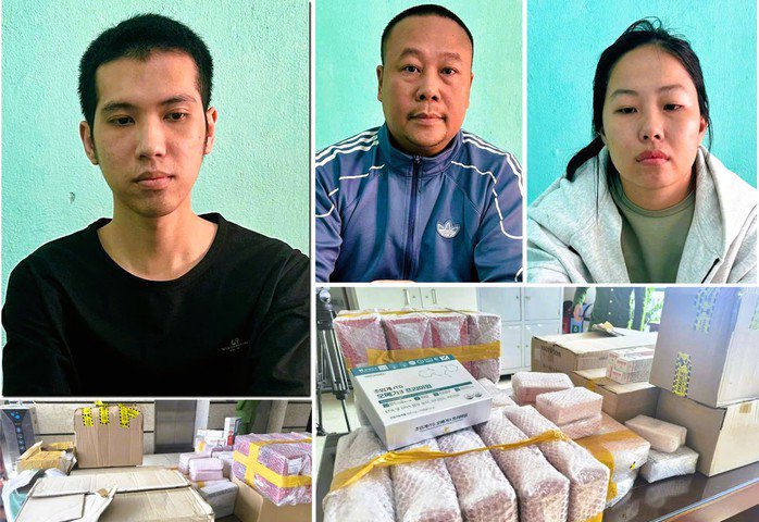 Các chủ tịch, giám đốc công ty "ma" gồm Phạm Nhất Duy, Nguyễn Doanh Thương và Nguyễn Thị Thanh Nhàn (từ trái qua) và tang vật vụ án. Ảnh: Công an Thanh Hóa