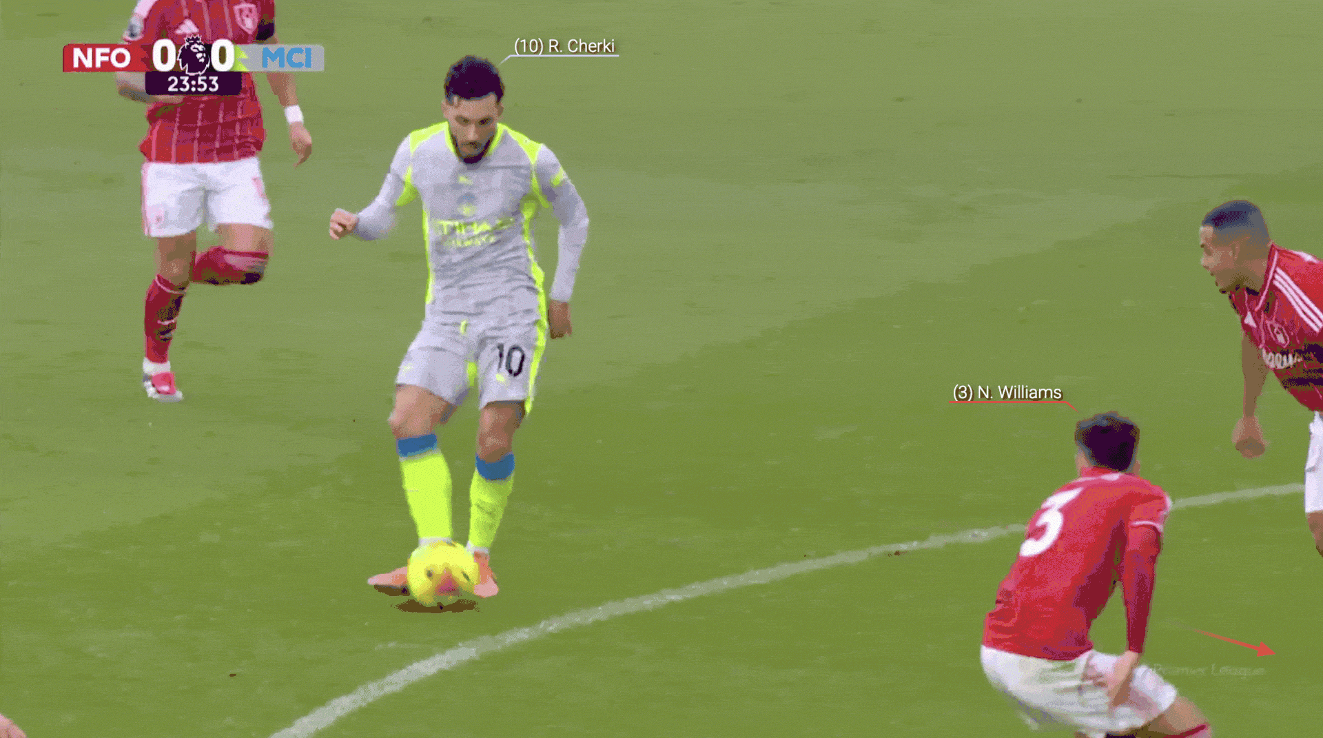 Cherki tung ra đường chuyền thuận lợi cho Haaland.