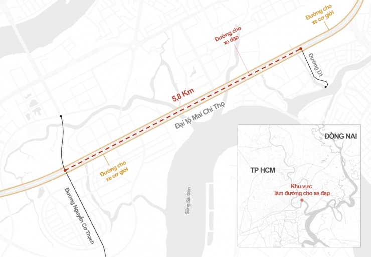Đoạn đường tổ chức làn dành cho xe đạp. Đồ họa: Tâm Thảo