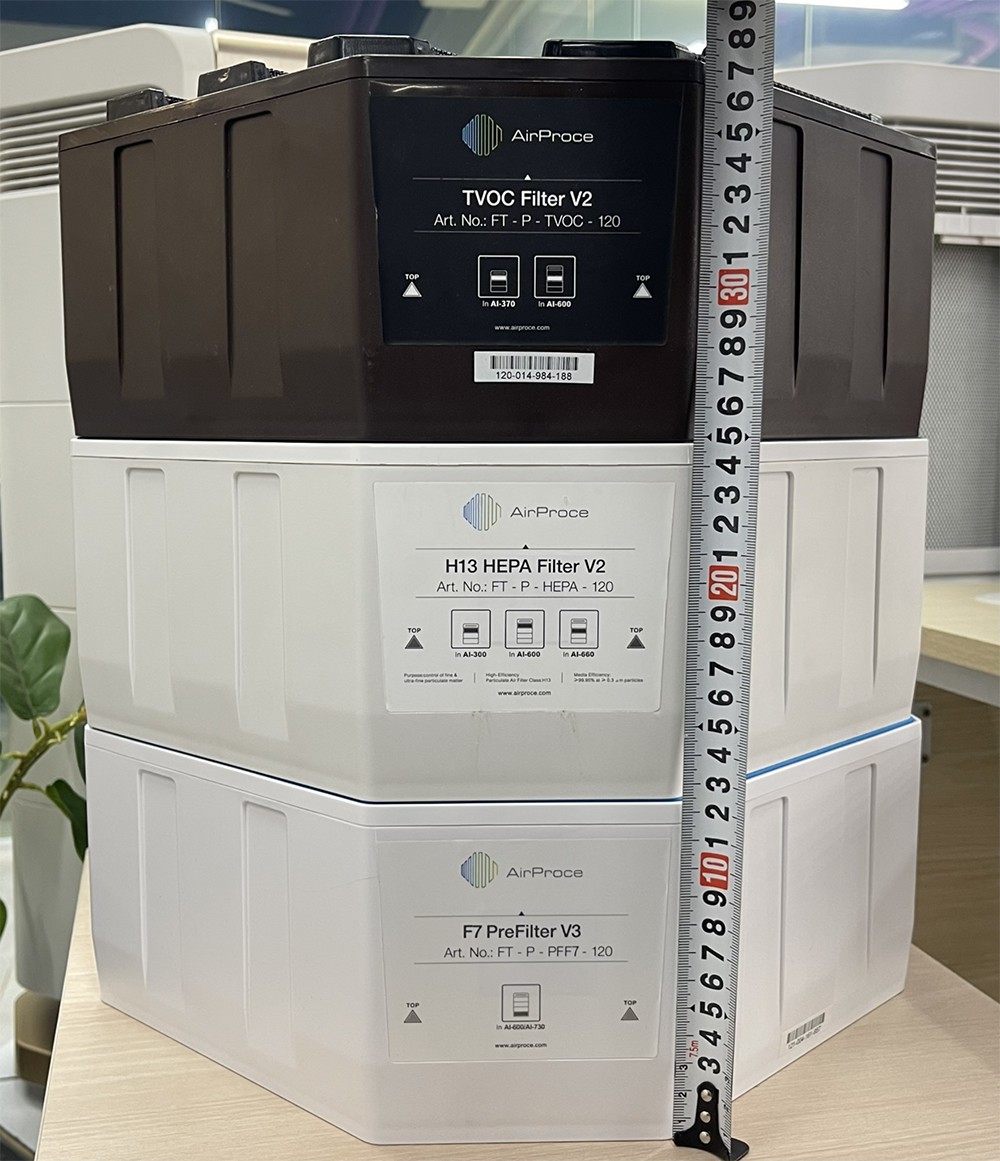 AirProce thiết kế máy lọc không khí AI-600 với 3 bộ lọc dày tới 36cm, giúp tăng hiệu quả lọc bụi và tuổi thọ bộ lọc