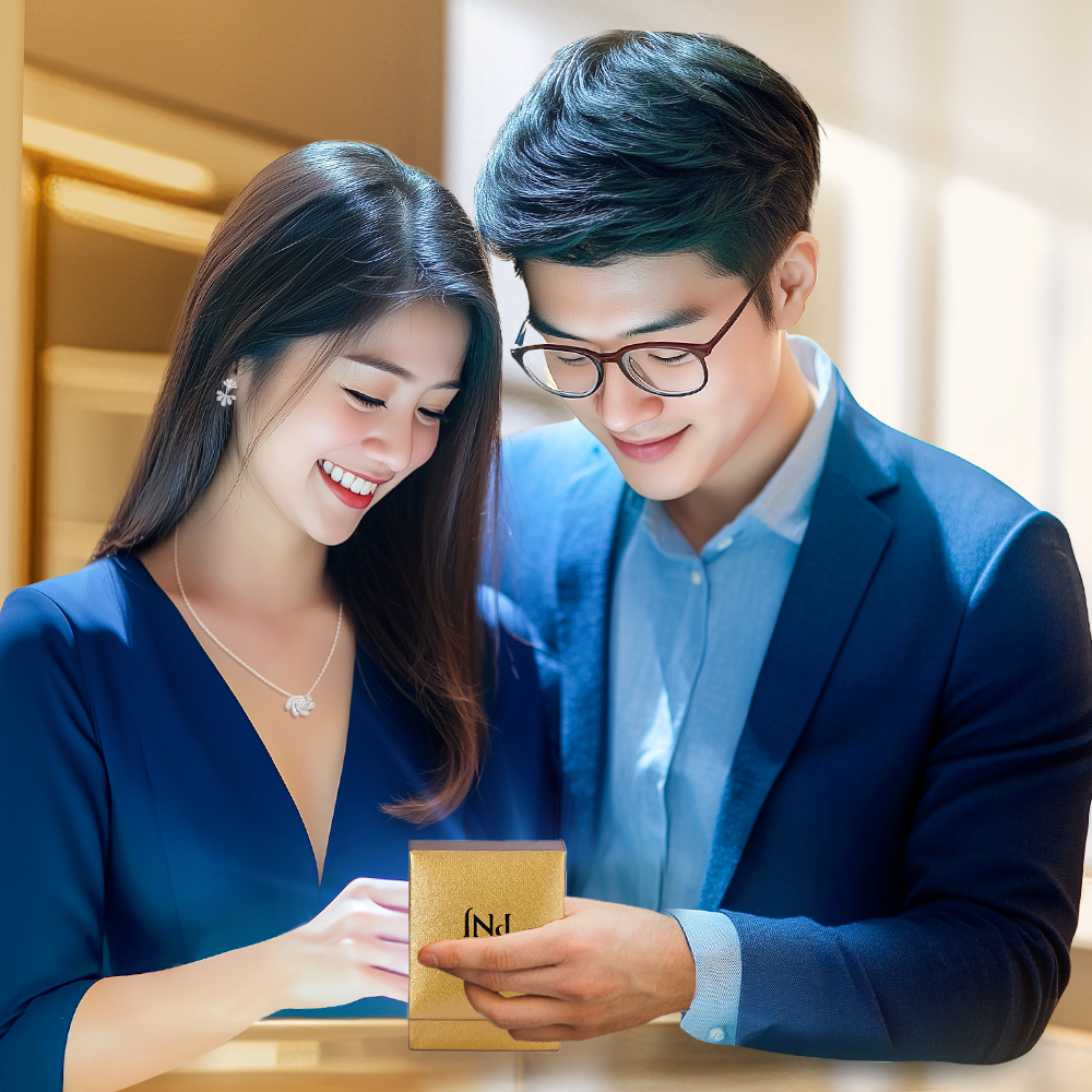 Một món quà trang sức tinh tế không chỉ là biểu tượng của tình cảm sâu sắc mà còn lưu giữ khoảnh khắc đáng nhớ và tôn vinh sự đồng hành bền bỉ của người bạn đời. Ảnh: PNJ.