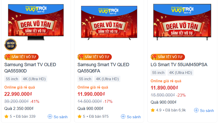 TV đang vào mùa giảm giá "không phanh" tại các hệ thống&nbsp;điện máy. (Ảnh chụp màn hình)