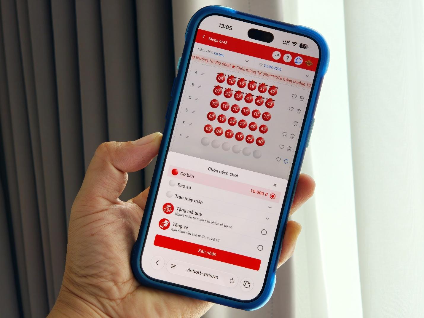 Bước chọn số khi mua vé qua Vietlott SMS.