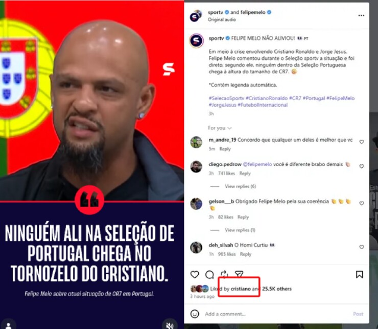 Tài khoản Instagram chính thức của Ronaldo "thích" bài viết chỉ trích các cầu thủ ĐT Bồ Đào Nha