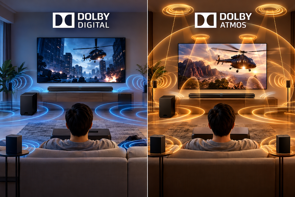 Mô phỏng cách Dolby Atmos và Dolby Digital đưa âm thanh tới tai người nghe. (Ảnh: A.I)