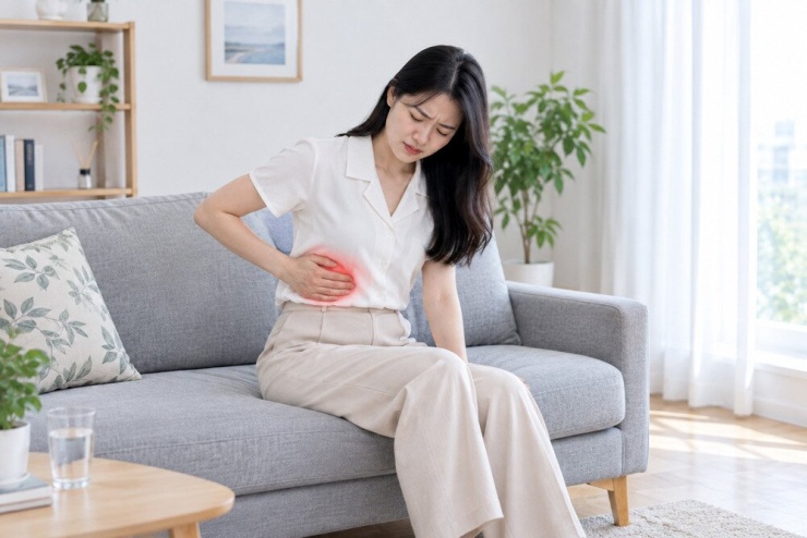 Đau bụng kéo dài có thể cảnh báo nhiều bệnh bao gồm bệnh gan. Ảnh: AI
