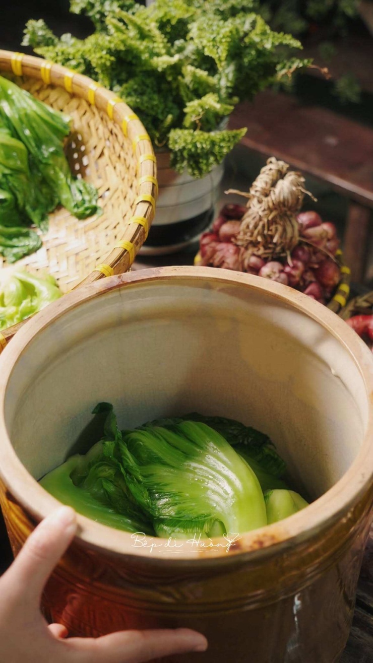 Cách muối dưa cải chua: Xếp dưa vào hũ rồi đổ nước nóng vào là xong.