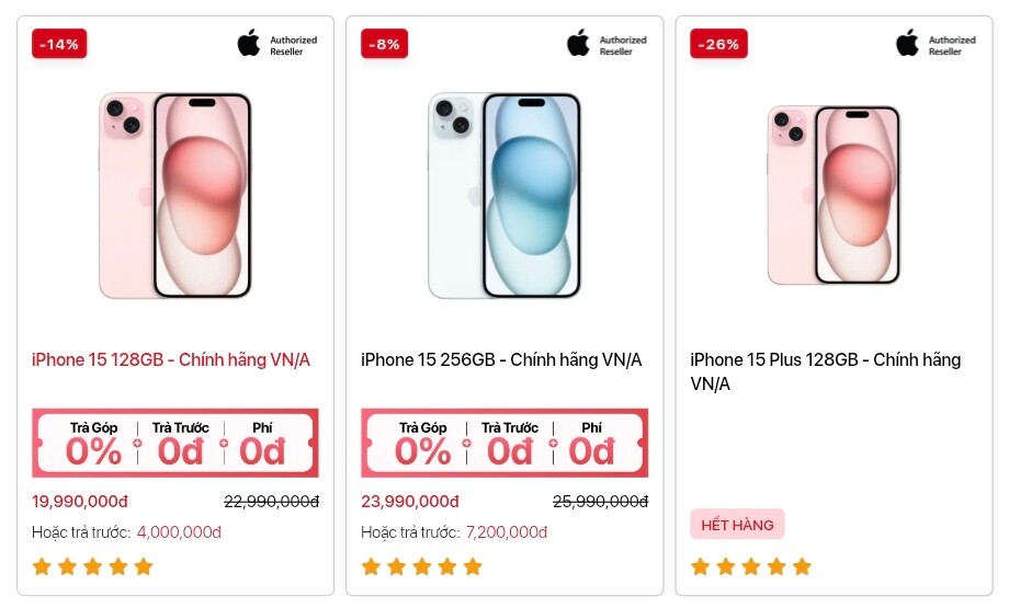 Giá iPhone 15 series tại một AAR, chỉ còn iPhone 15 thường 128GB và 256GB.