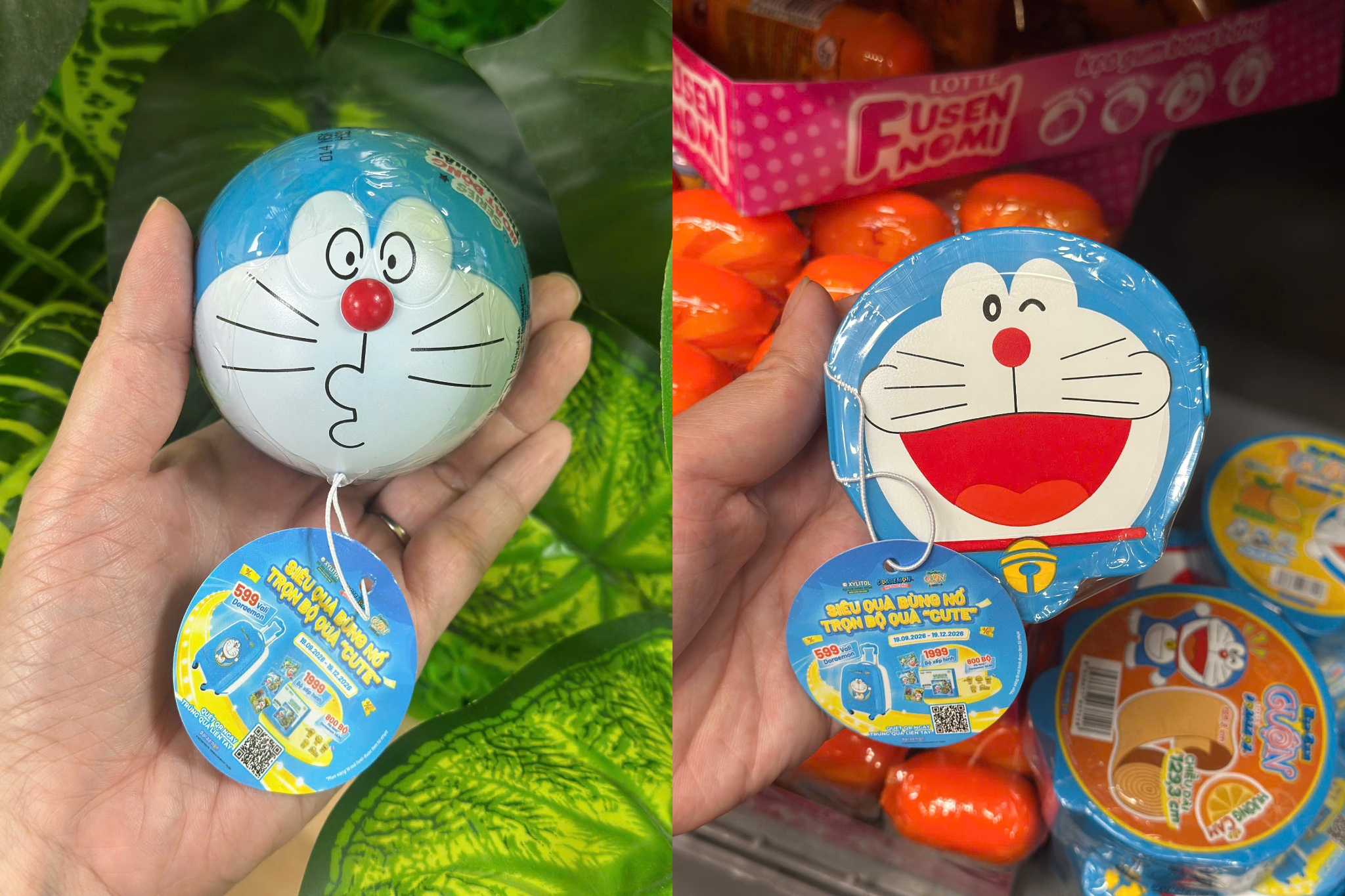 Bộ đôi kẹo gum ball Lotte Xylitol Doraemon & kẹo gum cuộn Lotte Doraemon.