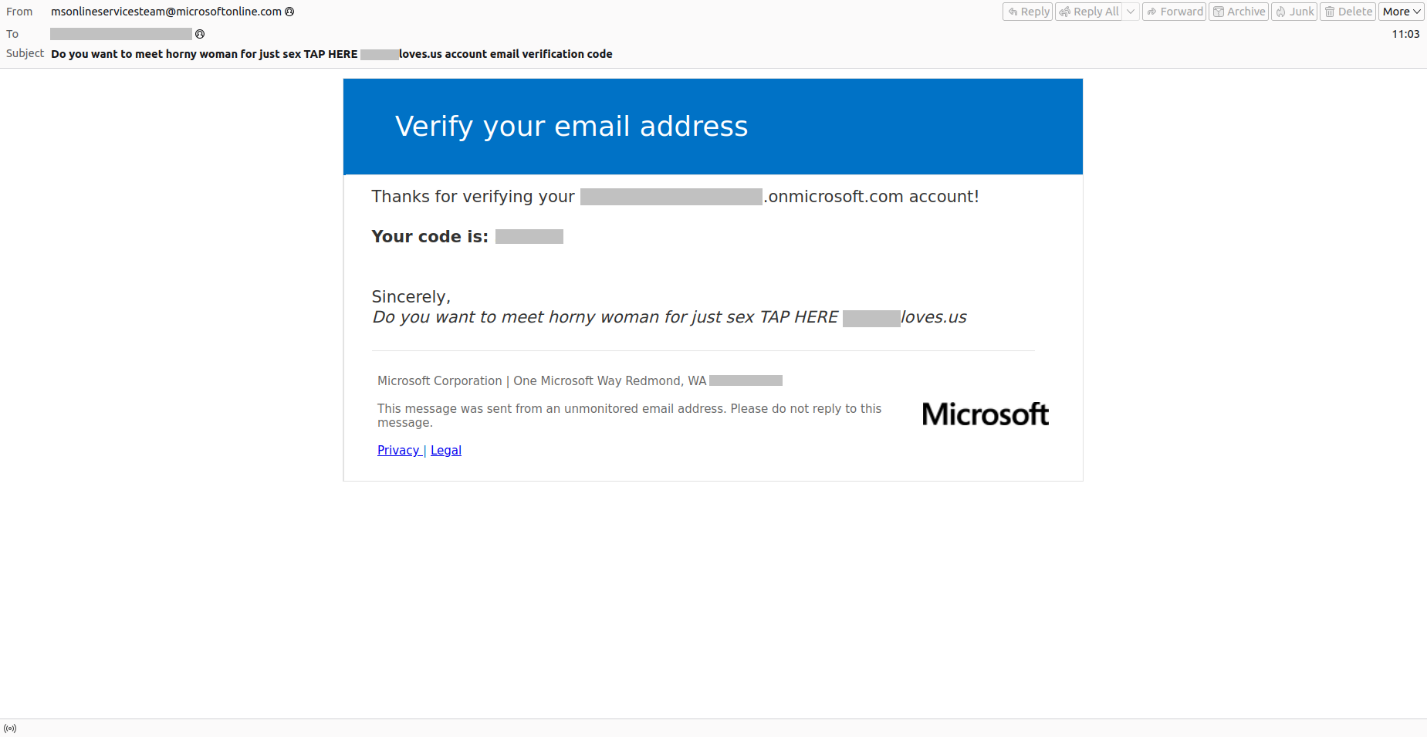 Ví dụ về một email chính thống chứa mã xác thực ngoài ý muốn kèm thông điệp từ kẻ lừa đảo.