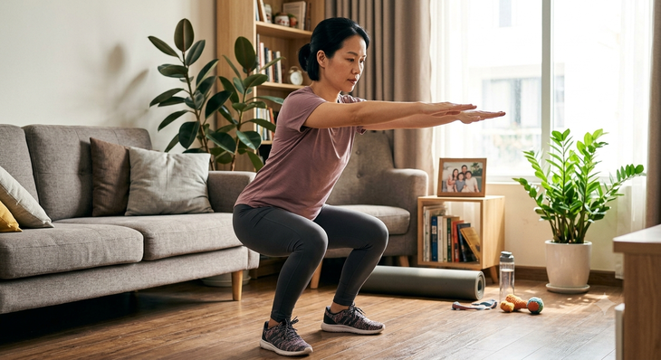 Squat là một trong những bài tập kháng lực bằng trọng lượng cơ thể đơn giản và dễ kết hợp với yoga. Ảnh minh họa AI.
