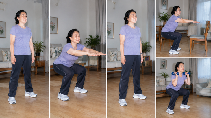 Tập squat tác động lên cơ đùi và cơ mông, đồng thời huy động nhóm cơ lõi để giữ thân người ổn định. Ảnh minh họa AI.