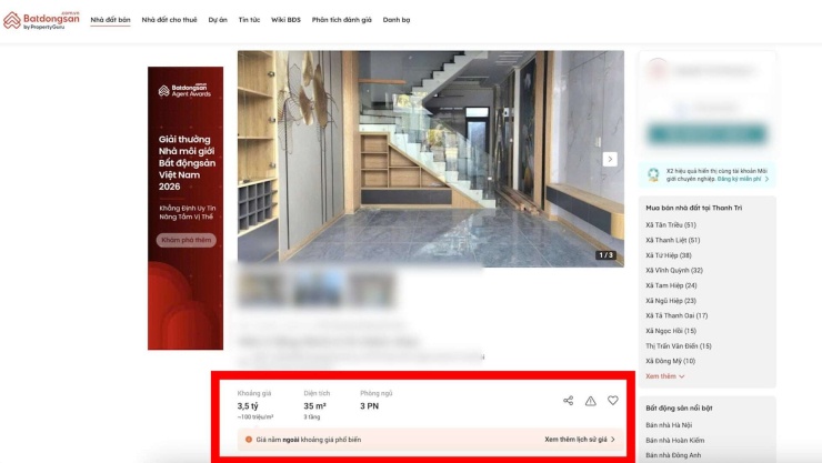 Batdongsan.com.vn liên tục đưa ra cảnh báo mức giá nằm ngoài khoảng tham chiếu mà nền tảng tự thiết lập.