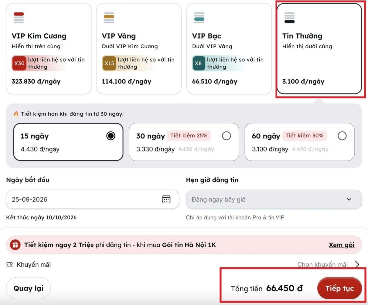 Chi phí đăng tin trên Batdongsan.com.vn dao động từ hơn 66.000 đồng đến hơn 4,8 triệu đồng tùy từng vị trí và thời gian hiển thị.